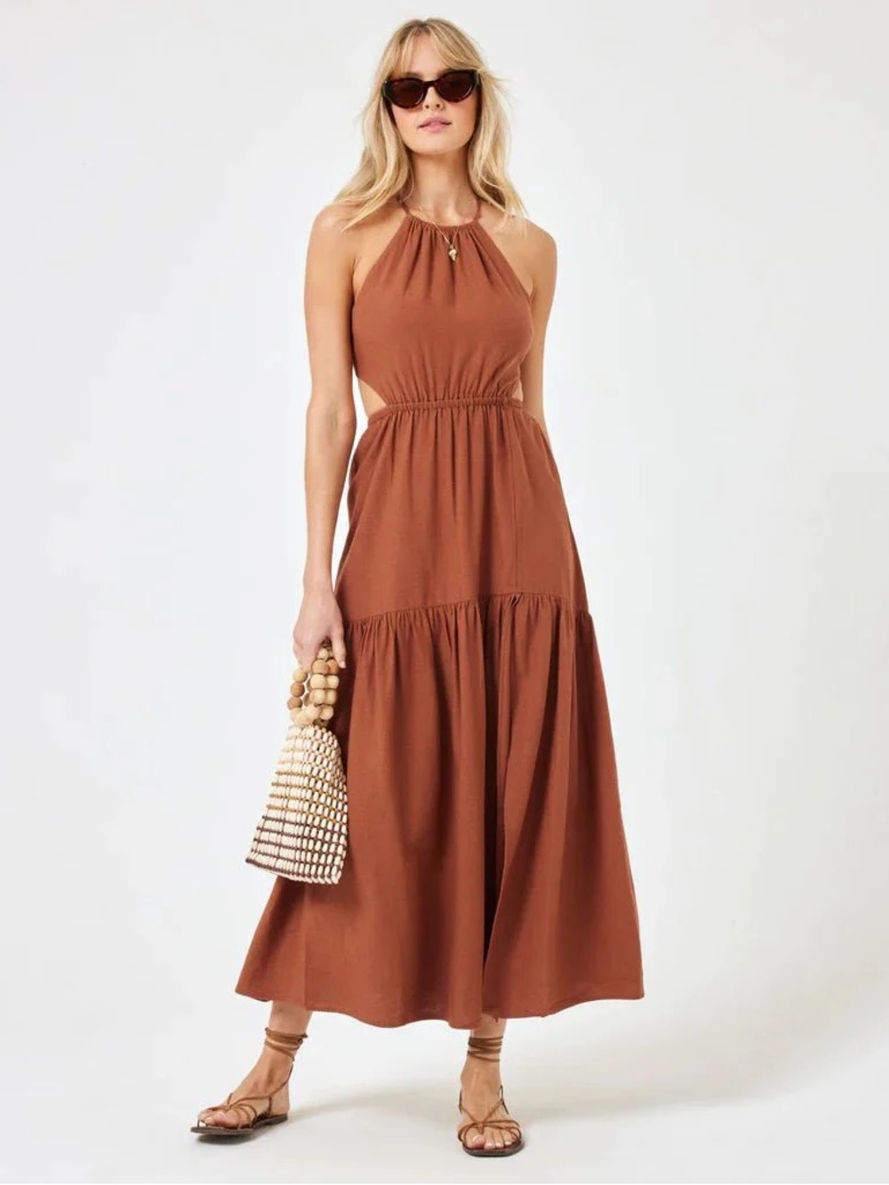 l*space Jaide Halter Tiered Maxi Dress in Rust Brown